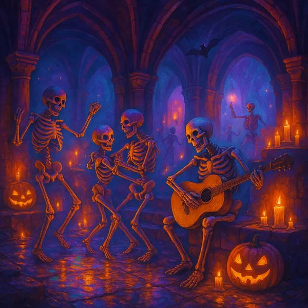 A vibrant Halloween-themed image featuring skeletons dancing and playing guitar in a crypt.