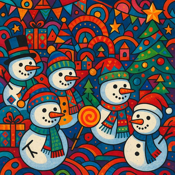 This vibrant holiday-themed puzzle image features a lively parade of snowmen, each adorned with colorful hats and scarves.
