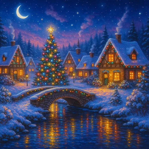 This image depicts a picturesque snowy village at night, perfect for a holiday-themed puzzle.