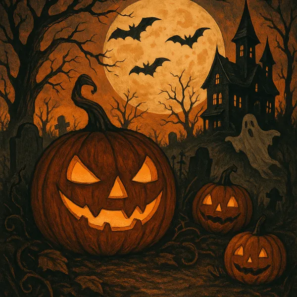 This Halloween-themed image features a large, glowing jack-o'-lantern in the foreground, surrounded by smaller pumpkins.