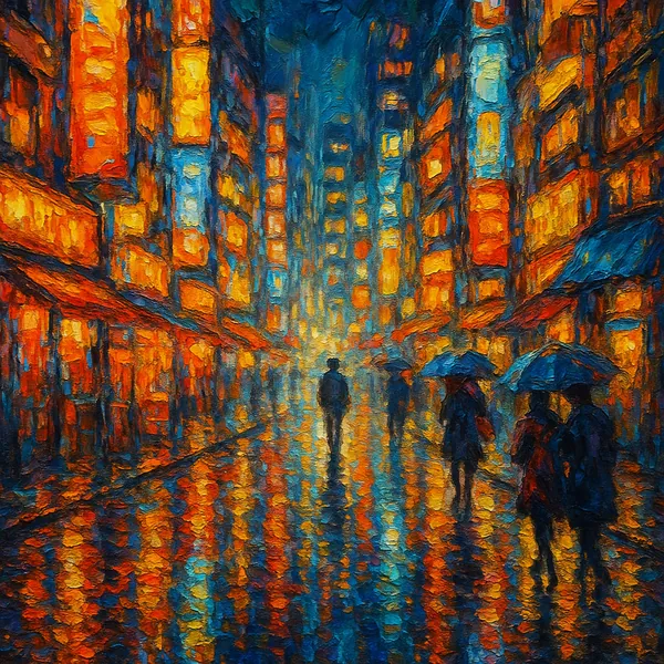 This image features a vibrant, high-clarity depiction of Tokyo's night streets, showcasing bright neon lights reflecting off wet pavements.