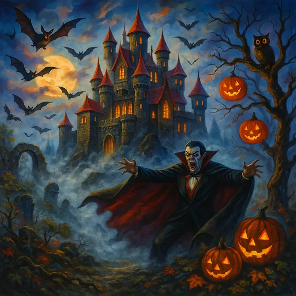 This image features a spooky Halloween scene with a towering, fog-shrouded castle under a moonlit sky.