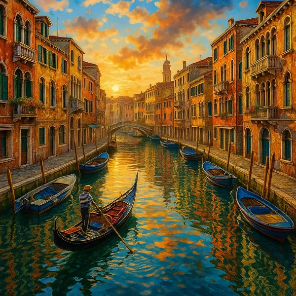 This image features a picturesque view of Venice canals at dawn, with vibrant reflections in the crystal-clear water.
