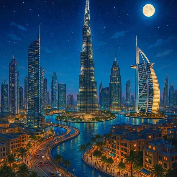 This image features a stunning night view of Dubai's skyline, showcasing iconic skyscrapers illuminated against a starry sky.