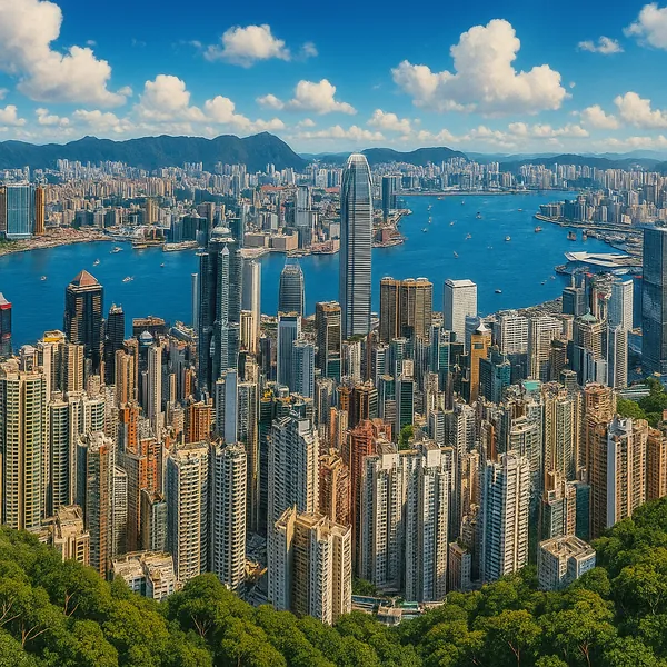 This image captures the stunning Hong Kong skyline from Victoria Peak, showcasing a vibrant urban landscape with towering skyscrapers and a bustling harbor.