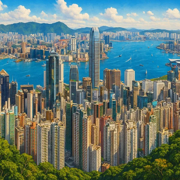 This image features a vibrant and detailed view of the Hong Kong skyline from Victoria Peak.