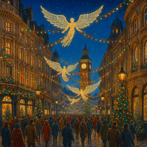 This image features a vibrant and festive London street scene, ideal for a puzzle.