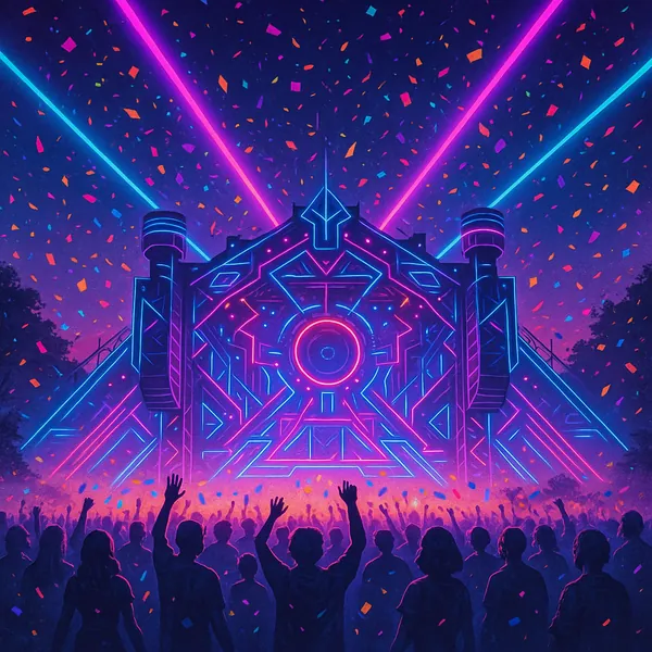 This image captures a dynamic festival scene illuminated by vibrant neon lights in a striking synthwave style.