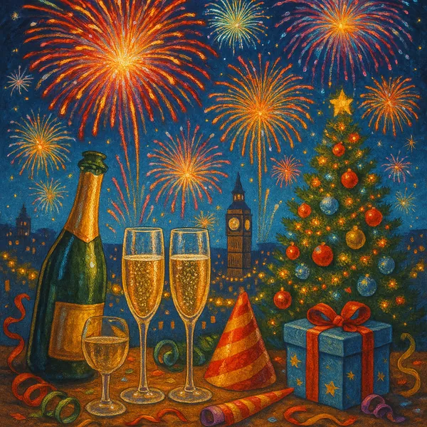 This vibrant image captures a festive New Year’s Eve celebration, featuring colorful fireworks illuminating the night sky.