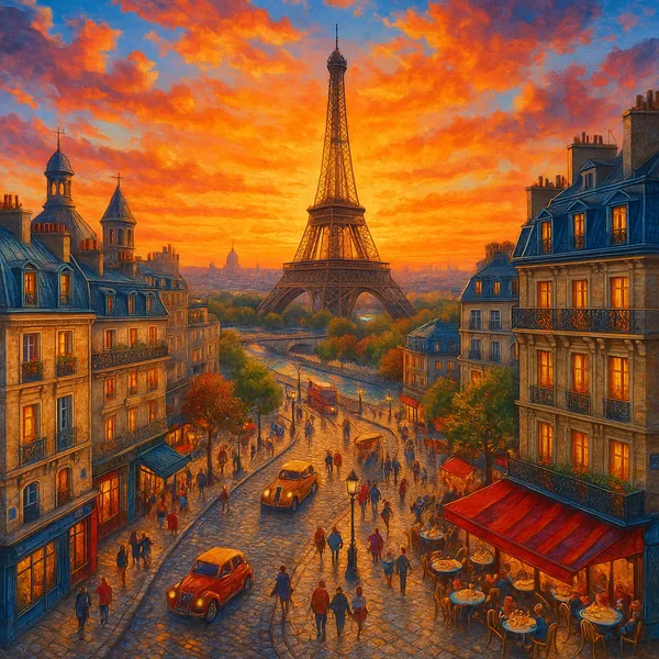 This vibrant image captures a bustling Parisian street at sunset, featuring the iconic Eiffel Tower.