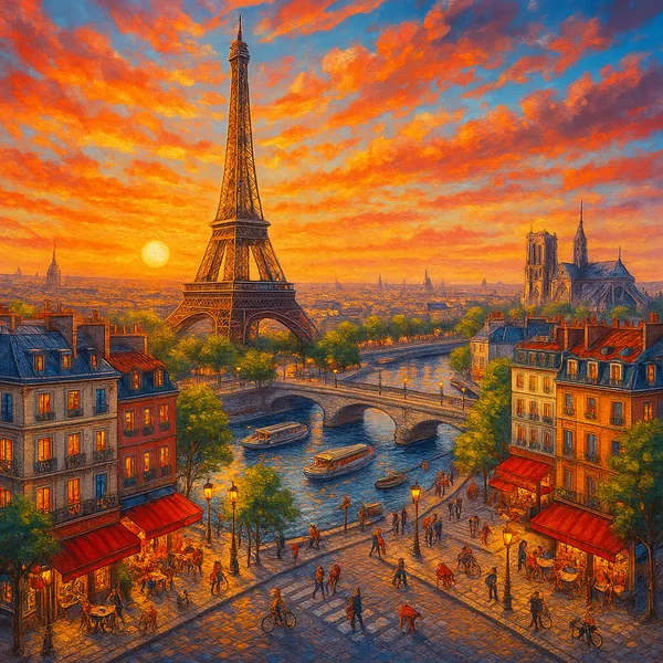 A vibrant and detailed image of Paris at sunset, featuring the Eiffel Tower and the Seine River.