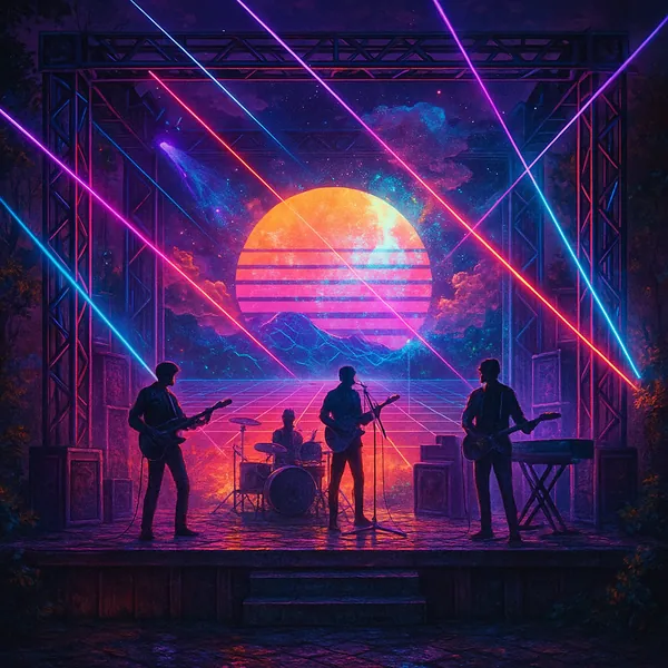 This image features a dynamic concert stage set in a retro style, illuminated by vibrant neon lights and dynamic laser beams.