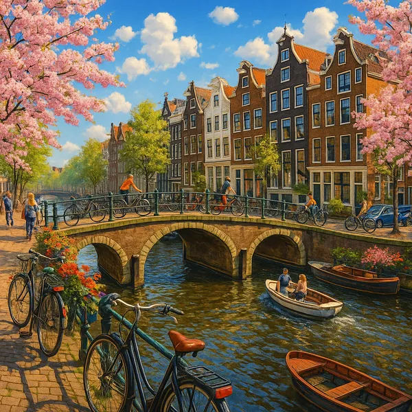 This image showcases a vibrant spring scene of Amsterdam's canals, ideal for a jigsaw puzzle.