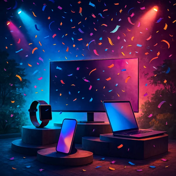 The image depicts a dynamic scene of a tech launch event, featuring a variety of sleek modern gadgets displayed on a stage.