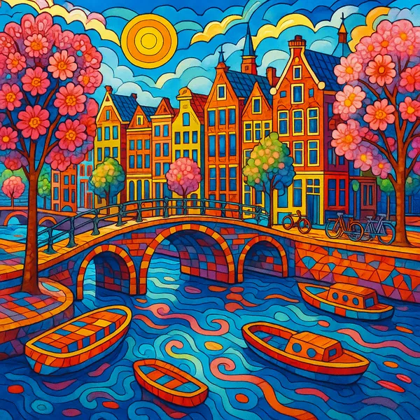 This vibrant image depicts a stylized, colorful scene of Amsterdam's canals in spring.