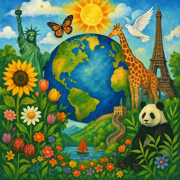 Enjoy assembling a puzzle depicting a bright, whimsical world collage centered on a vivid blue-and-green Earth under a sunny sky.