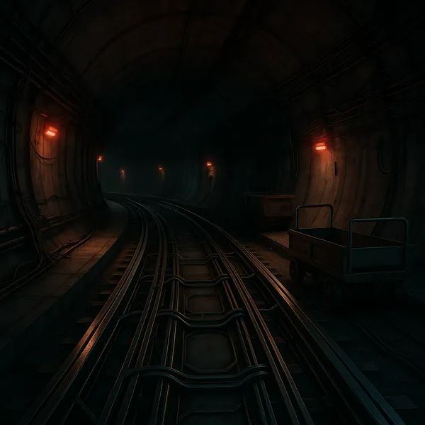 Discover a puzzle with a dimly lit subway tunnel curving into shadow, where gleaming steel rails and neatly routed cables lead the eye past weathered concrete w
