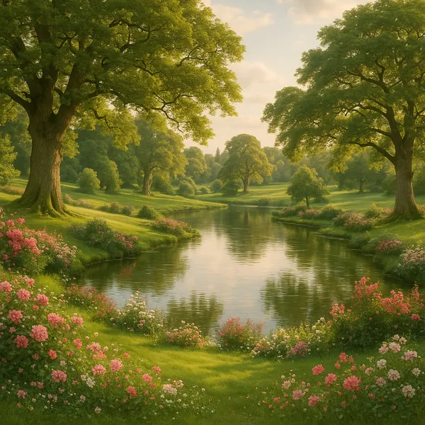 Discover a puzzle with a peaceful riverside landscape framed by towering oak trees and lush, rolling green meadows.