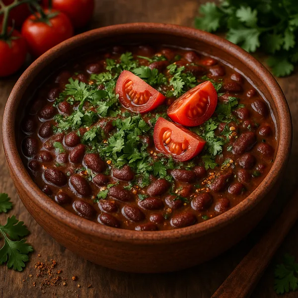 Discover a puzzle with a steaming, rustic bowl of rich tomato-and-bean stew topped with bright cilantro and three glossy tomato wedges, set on a warm wooden tab