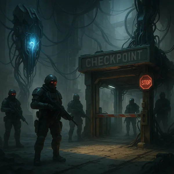 Discover a puzzle with a moody, futuristic checkpoint scene where armored figures with glowing red visors stand watch beneath hanging cables and a hulking senti