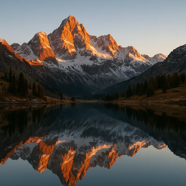 Discover a puzzle with a dramatic, snow‑capped mountain range glowing in warm orange alpenglow, perfectly mirrored in a glassy alpine lake.
