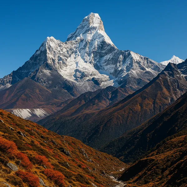 Enjoy assembling a puzzle depicting a majestic snow-capped peak rising above layered mountain ridges and a foreground of warm autumnal shrubs.