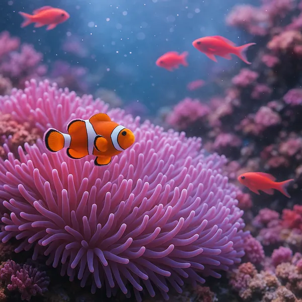 Discover a puzzle with a cheerful clownfish swimming among soft, lavender-pink anemone tentacles and tiny coral blooms.