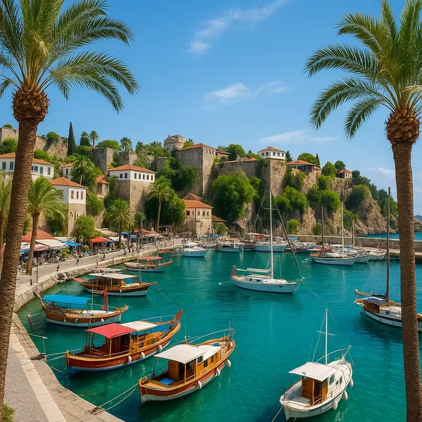 Discover a puzzle with a sunlit Mediterranean harbor lined with wooden boats and white sailboats bobbing in clear turquoise water beneath swaying palm trees.