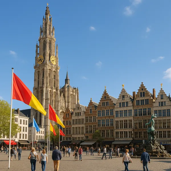 Discover a puzzle with a sunlit historic square framed by a tall, ornate stone tower and a row of stepped-gable buildings bathed in warm golden tones.
