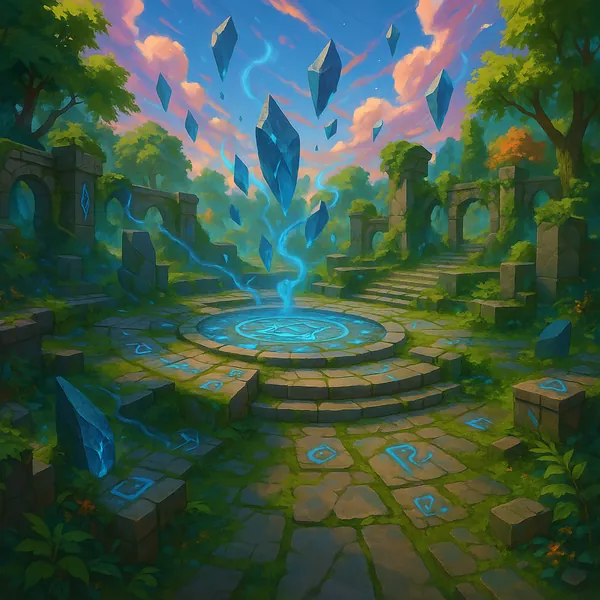 Discover a puzzle with a magical forest ruin where glowing blue crystals float above an ancient stone circle.