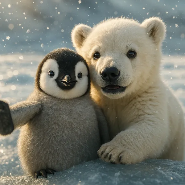 Enjoy assembling a puzzle depicting an adorable penguin chick cuddled up with a fluffy polar bear cub against a soft, snowy Arctic backdrop.