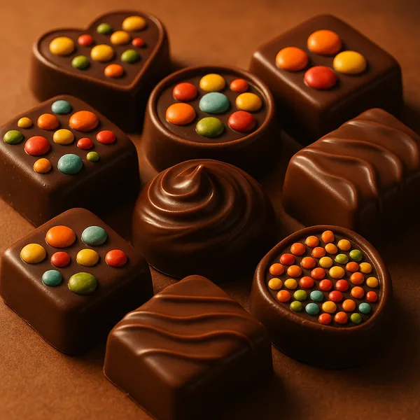 Discover a puzzle with a close-up arrangement of assorted chocolate bonbons topped with colorful candy dots.