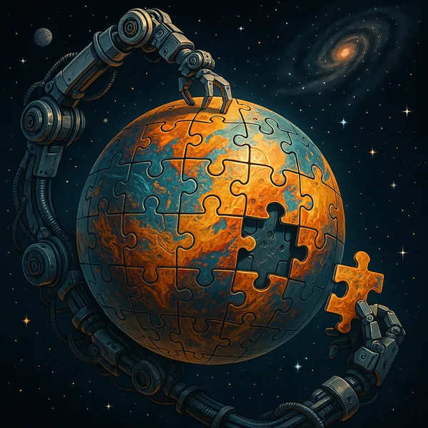 Discover a puzzle with a surreal cosmic scene: a spherical planet formed from interlocking jigsaw pieces gently cradled by mechanical robotic arms against a dee