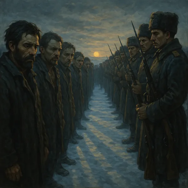Discover a puzzle with a dramatic, wintry scene showing two long lines of men facing each other across a snow-covered path as a low sun colors the cloudy sky.