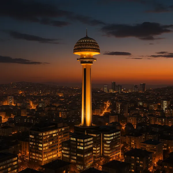 Discover a puzzle with a glowing observation tower rising above a warm, softly lit city at dusk.