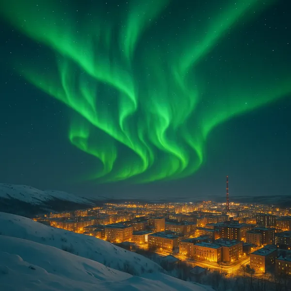 Discover a puzzle with a glowing northern lights display sweeping above a snow-dusted town at night.