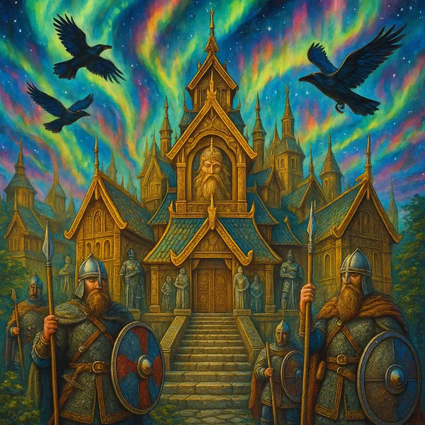 Enjoy assembling a puzzle depicting a majestic Viking longhouse set beneath a swirling aurora borealis.