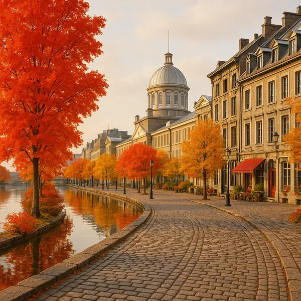 Discover a puzzle with a serene autumn canal scene lined by cobblestone streets and elegant historic buildings under a soft golden sky.