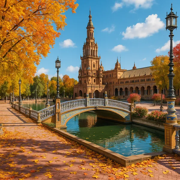 Discover a puzzle with a sunlit autumn scene featuring a graceful arched bridge over a calm canal, framed by golden and orange trees and an elegant, historic-st