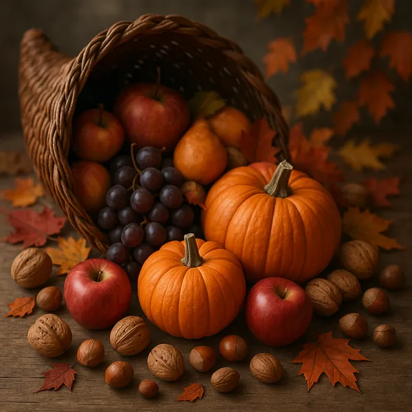 Discover a puzzle with a warm autumn still life showing a wicker cornucopia spilling pumpkins, red apples, pears, deep purple grapes and mixed nuts across a woo