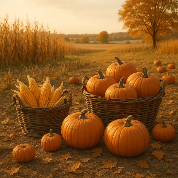 Discover a puzzle with a cozy autumn harvest scene: plump orange pumpkins nestle in woven baskets beside a smaller basket of golden corn, set on a sunlit field