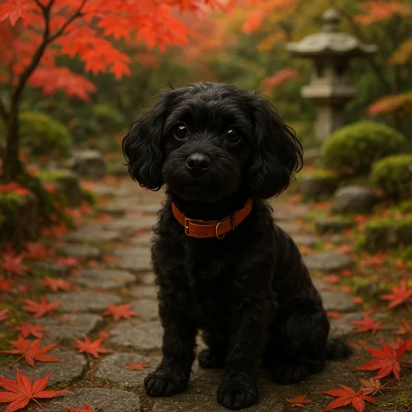 Discover a puzzle with an adorable black puppy sitting on a mossy stone path, framed by bright red maple leaves and soft autumn foliage.