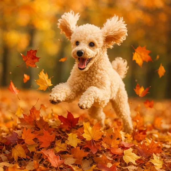 Discover a puzzle with an exuberant cream poodle leaping through a carpet of orange and golden autumn leaves.