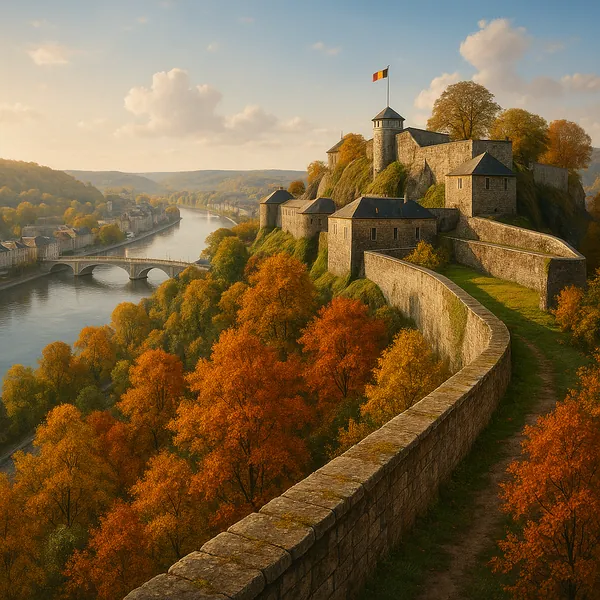 Enjoy assembling a puzzle depicting a timeless hilltop fortress overlooking a gentle river and arched stone bridge.