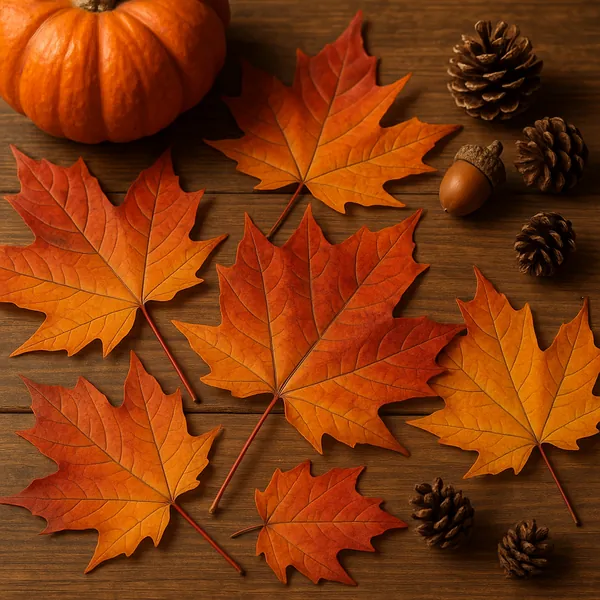 Enjoy assembling a puzzle depicting a cozy autumn still life from PuzzleFree.Game: a small pumpkin, scattered maple leaves in rich oranges and reds, an acorn an