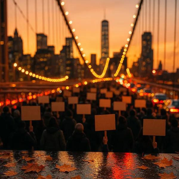 Discover a puzzle with a warm, autumnal city scene: a glowing suspension bridge at sunset arcs toward a softly blurred skyline, strings of golden bokeh lights l