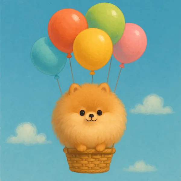 Discover a puzzle with an adorable fluffy Pomeranian pup riding in a woven basket lifted by colorful balloons against a soft blue sky.