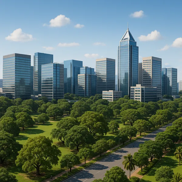 Discover a puzzle with a serene cityscape where gleaming glass skyscrapers rise behind a sprawling, sunlit park.