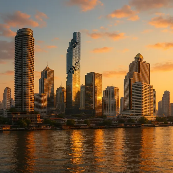 Discover a puzzle with a shimmering city skyline at golden hour, where modern skyscrapers rise above a calm river and their glass facades catch the warm orange