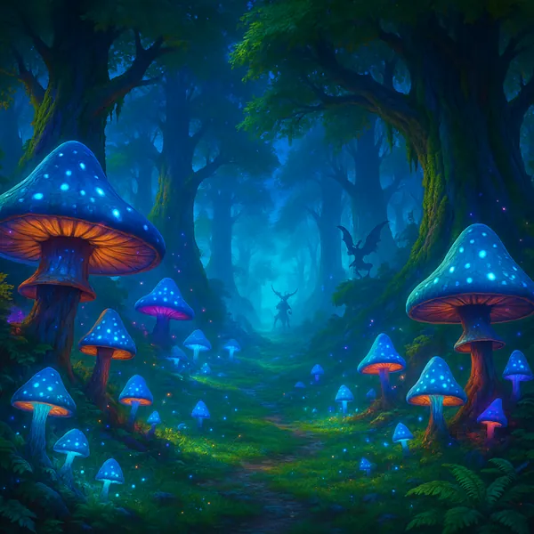 Discover a puzzle with a magical forest scene alive with glowing mushrooms and misty blue-green light.